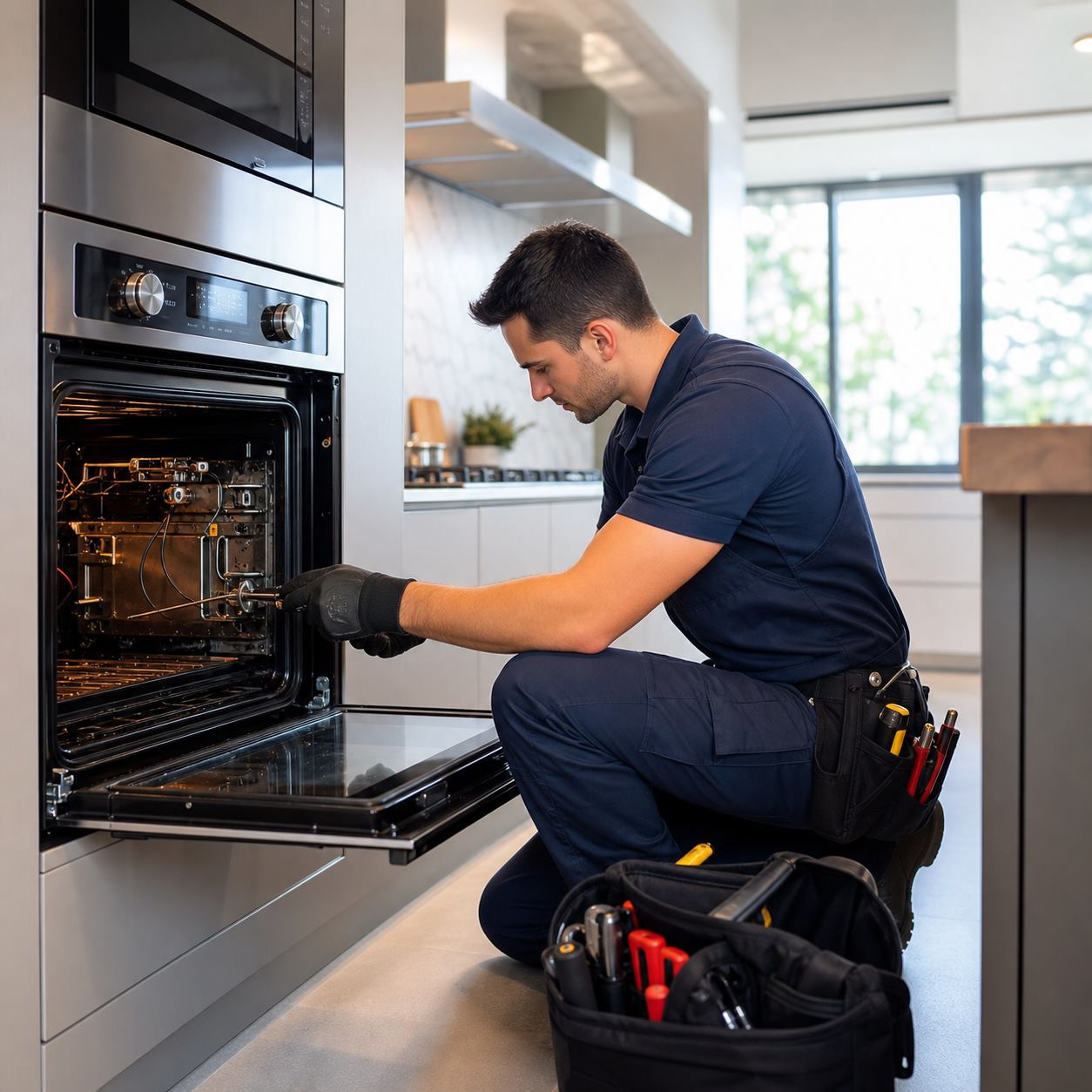 Premium appliance repair technician in a modern kitchen