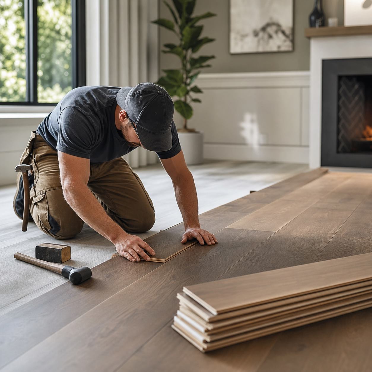 Professional flooring installation with premium wood planks