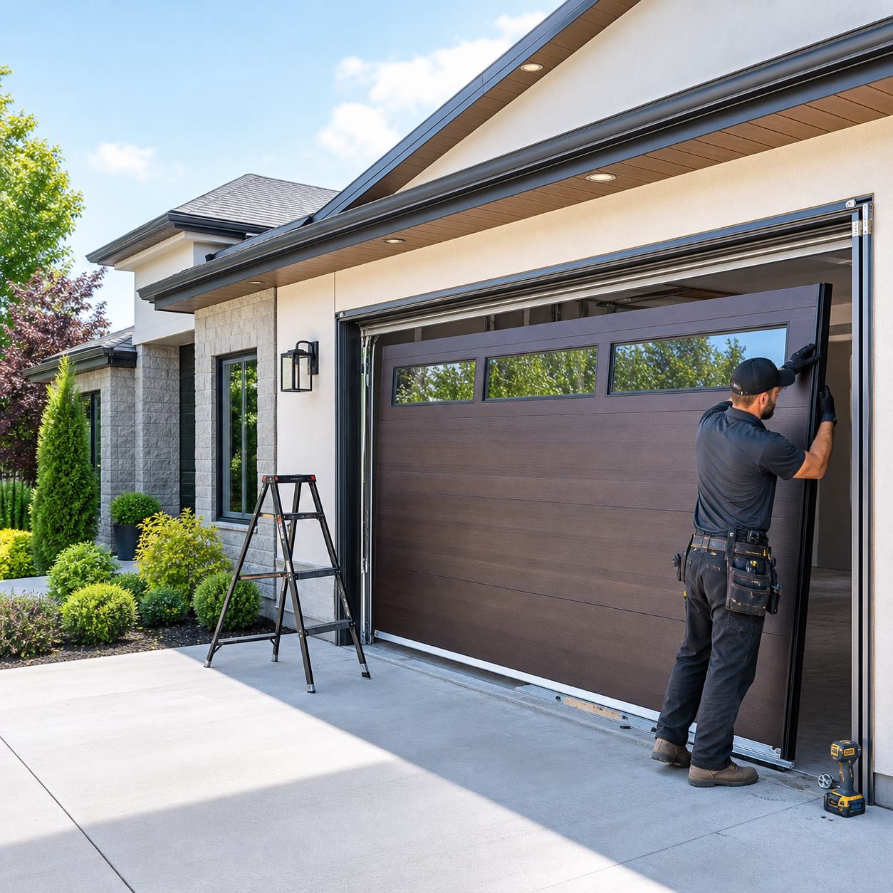 Modern garage door service for an upscale home exterior