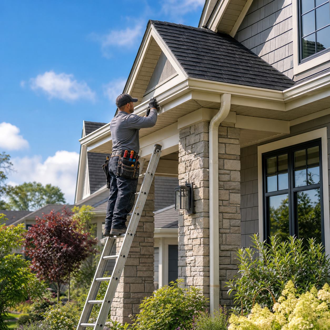 Seamless gutter installation on a premium home exterior