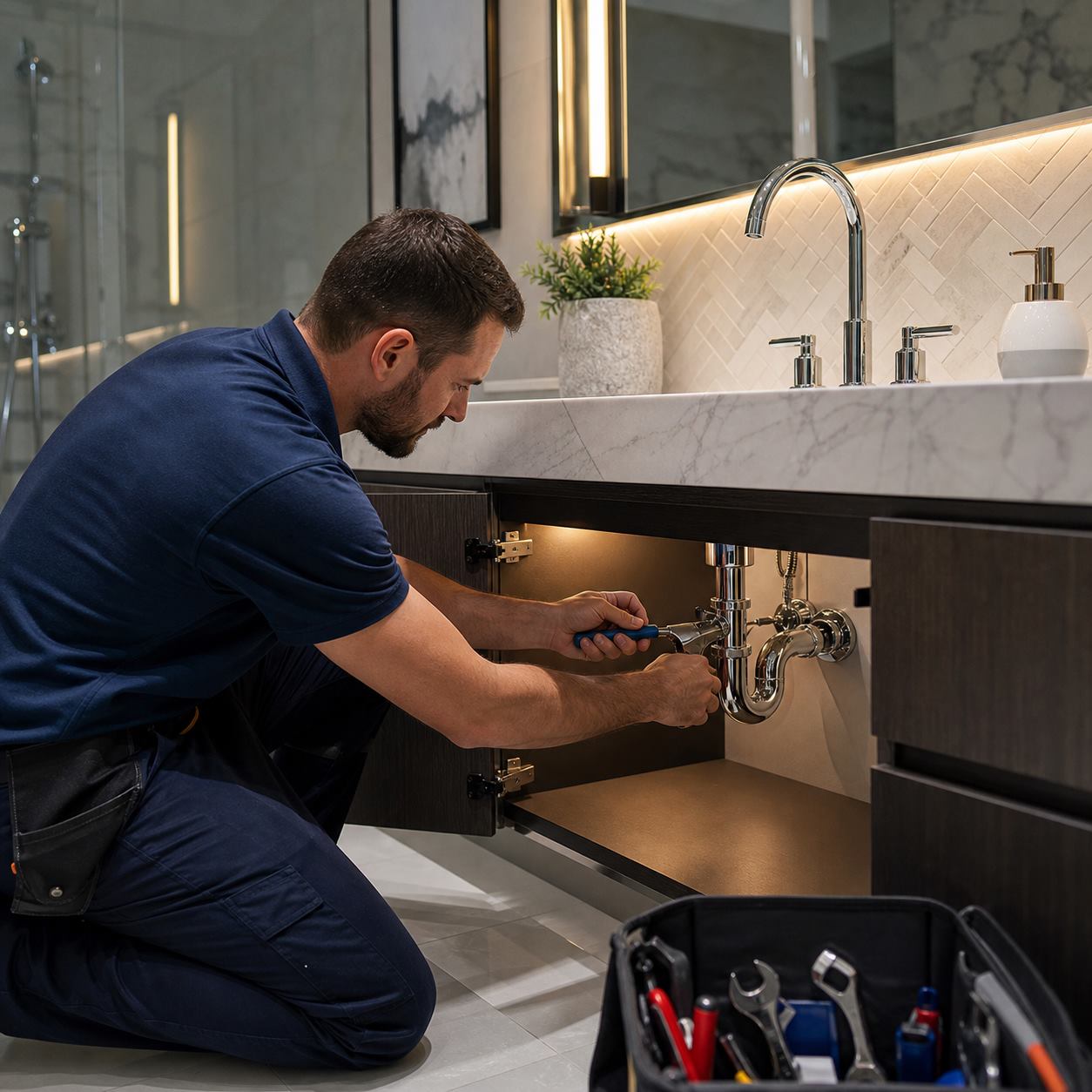 Plumber installing premium fixtures in a clean home interior