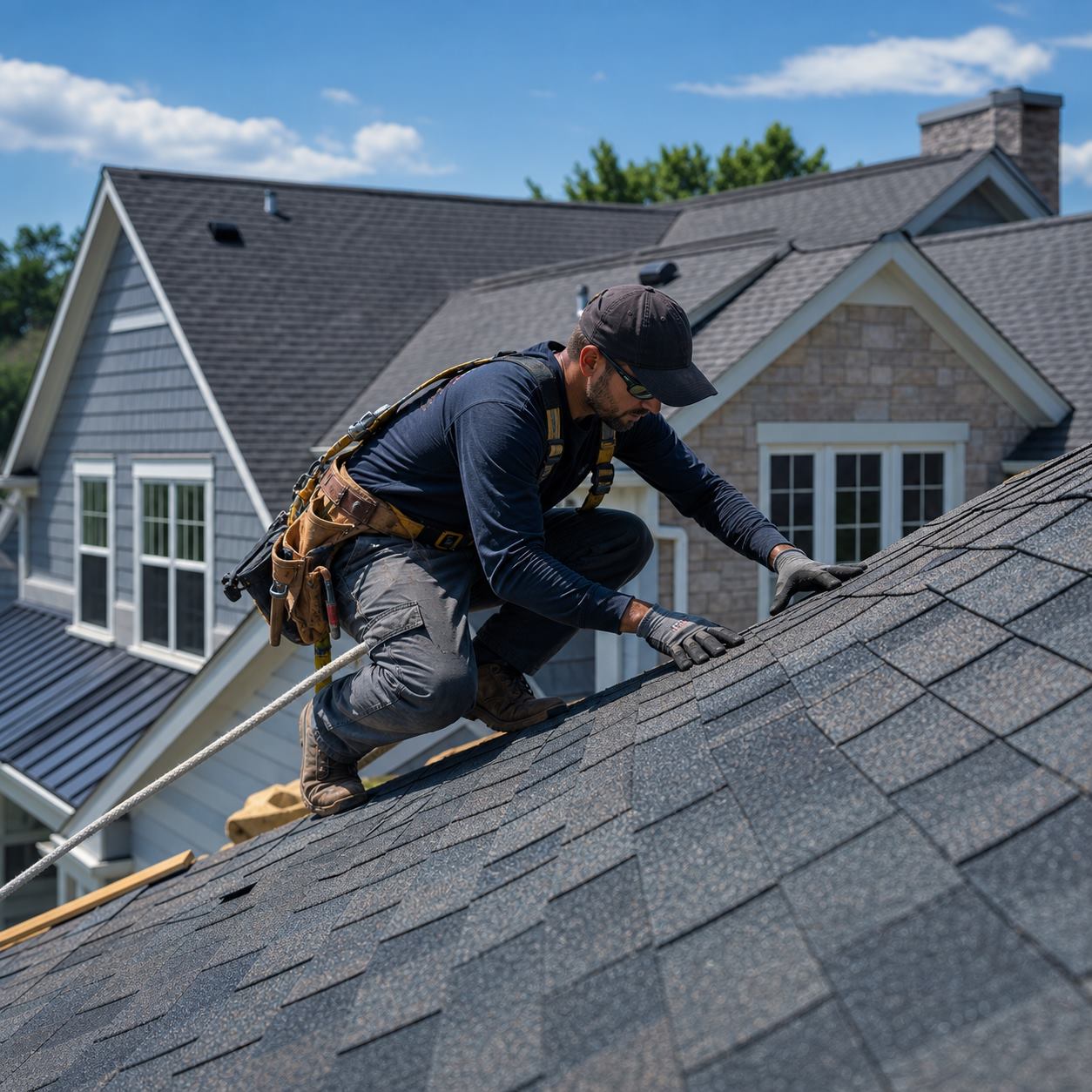 Roofing professional inspecting shingles on a premium home